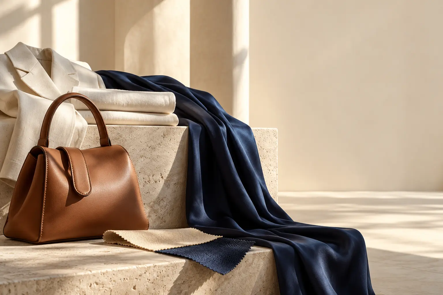 تكوين توضيحي يجمع الملابس العاجية والقماش الكحلي وحقيبة جلدية بنية